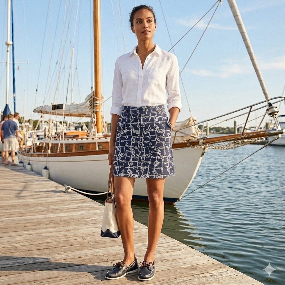 Talbots Petites Navy Blue‎ White Nautical Rope Knot Print Mini Skirt Size 4P